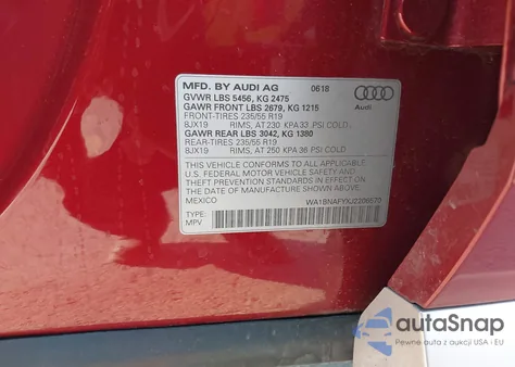2018 Audi Q5 2.0T Premium/2.0T Tech Premium z USA, uszkodzony, nr VIN WA1BNAFYXJ2206570